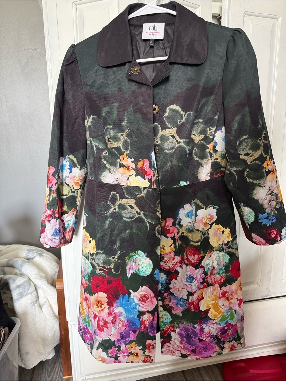 CAbi Black Floral Print Trench Coat